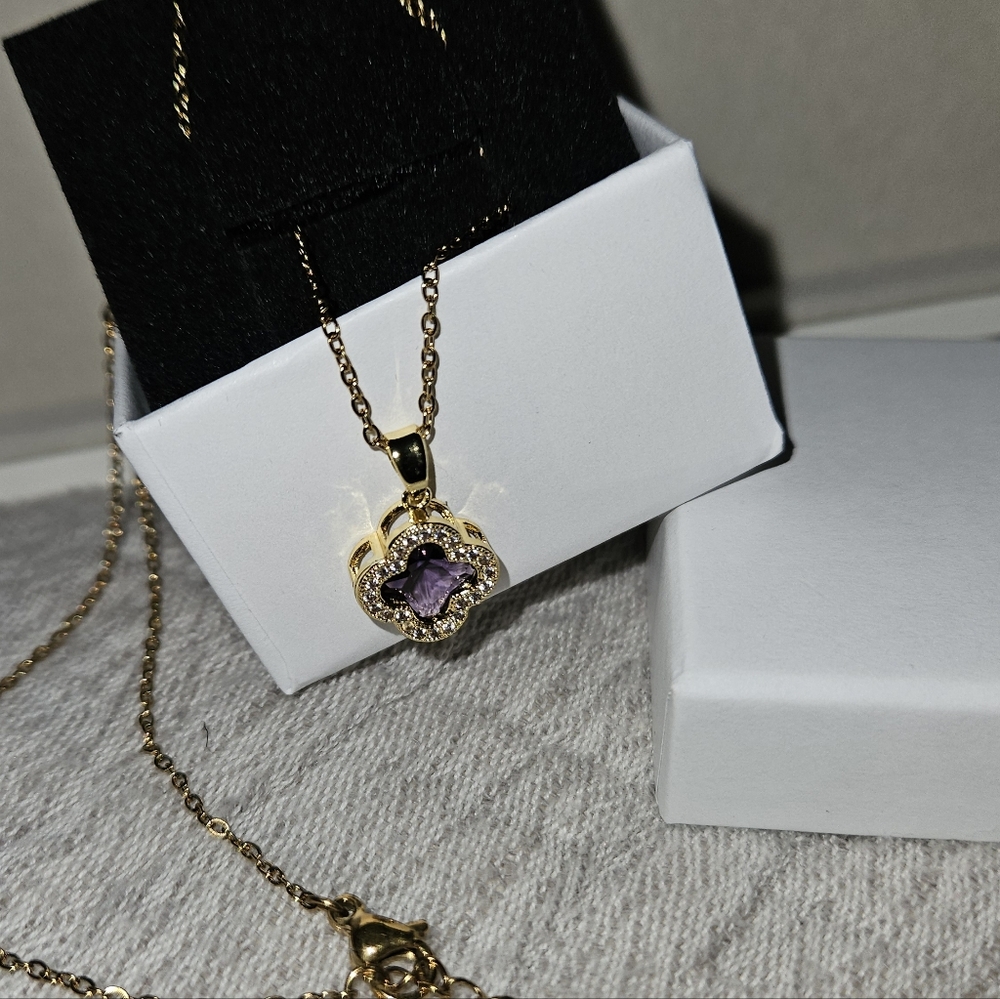 *June Birthstone Purple Clover Charm With Crystals and Adjustable Gold Chain
